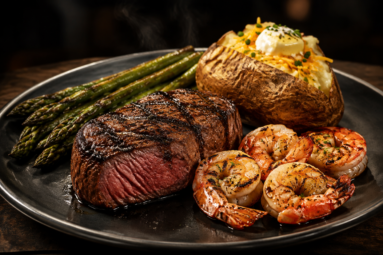Grilled steak and shrimp with a loaded baked potato and asparagus at Bucks Platinum Toledo