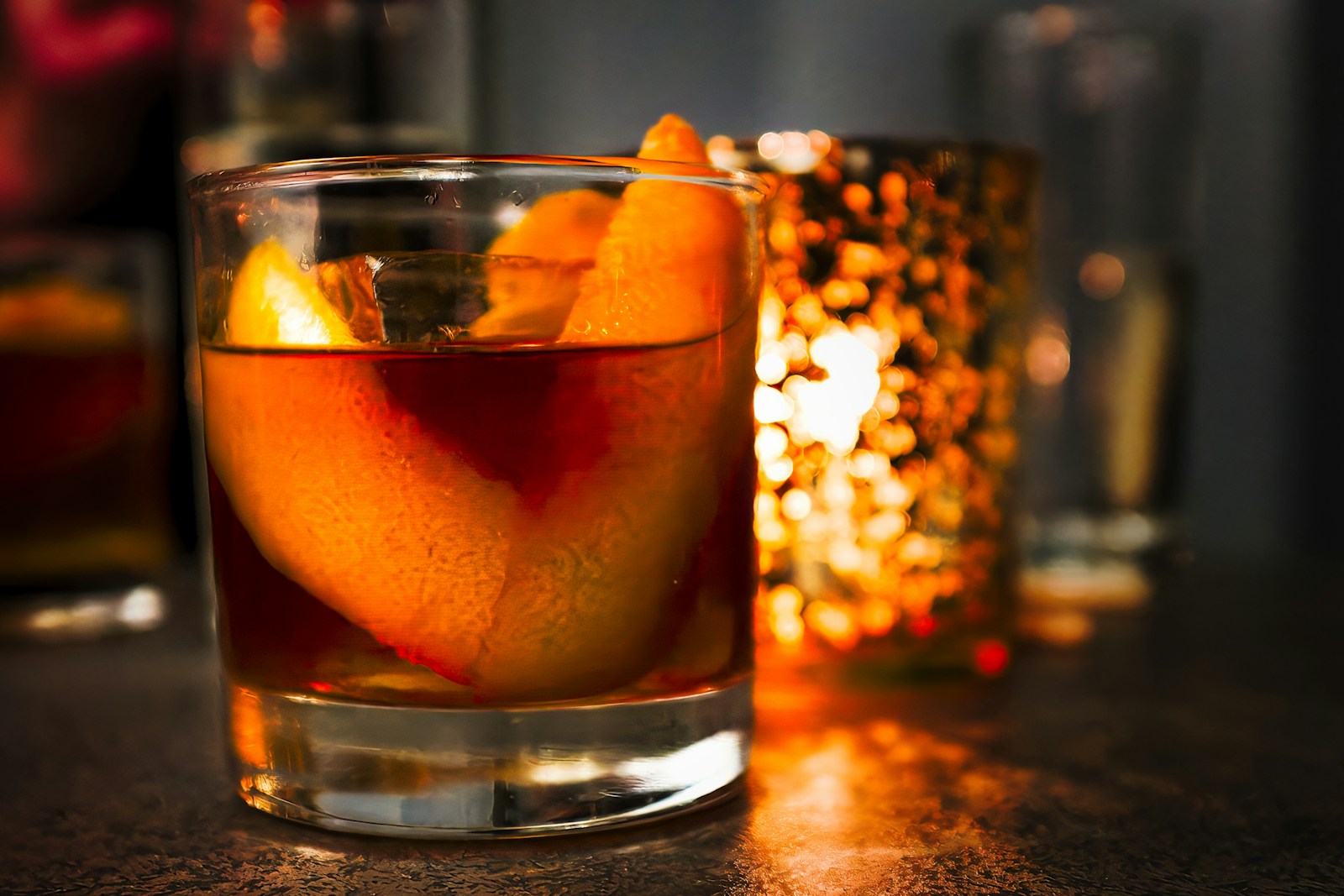 Old Fashioned whiskey cocktail with orange peel at Bucks Platinum Toledo